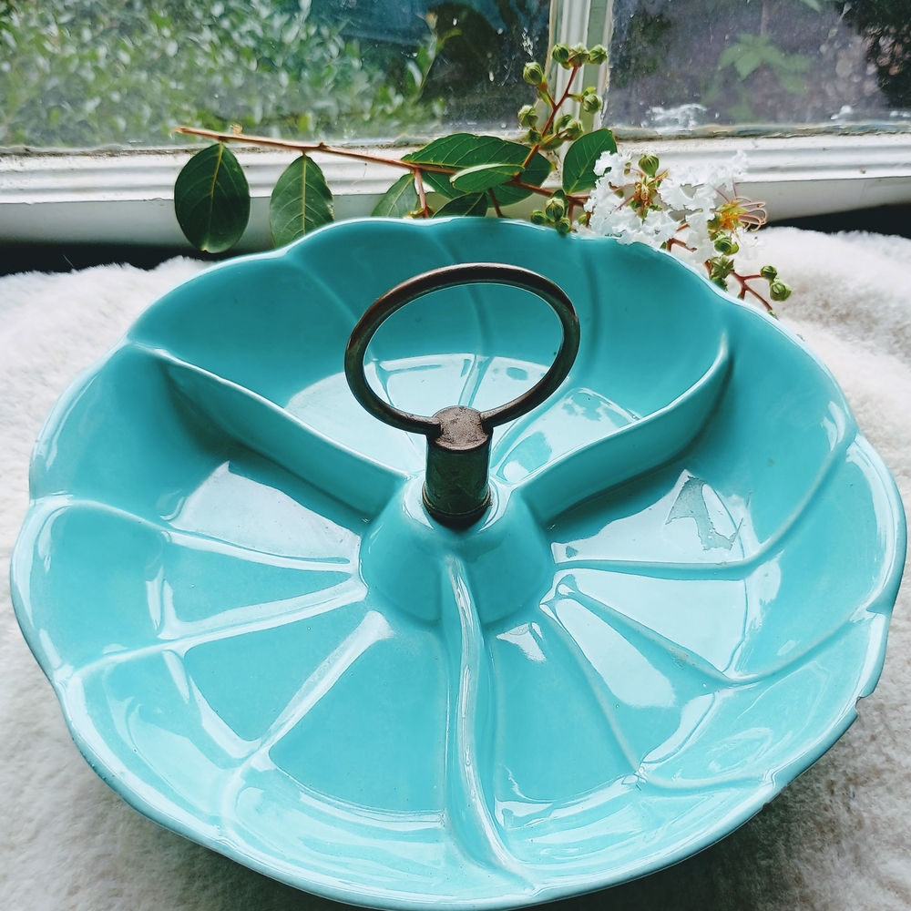 Vintage, Mid-Century, California Pottery aqua 3 section candy Dish, Serving Dish - Picture 2 of 10